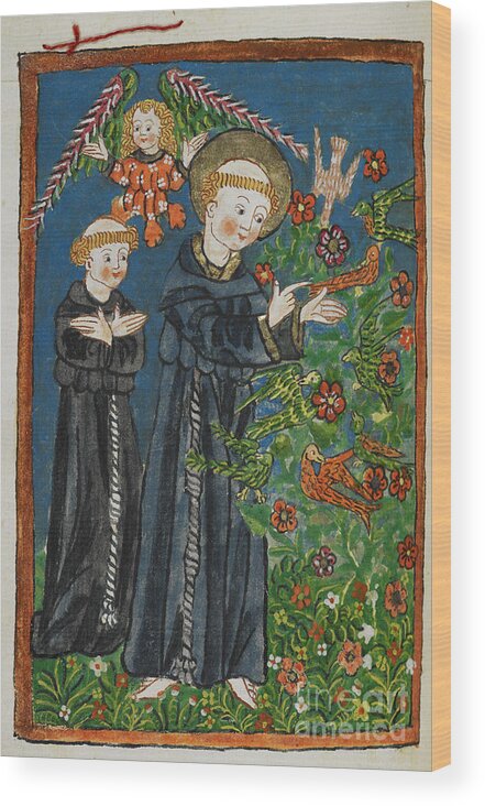 15th Century;angel;priest;religious Orders;religion;bird;animal;saint;saint;plants;flower;flowers;preach;st Francis;francis Of Assisi;15th Century;flora;plant;monk;monks;preaching;religion;plantae;francis Wood Print featuring the drawing St Francis preaching to the birds by European School