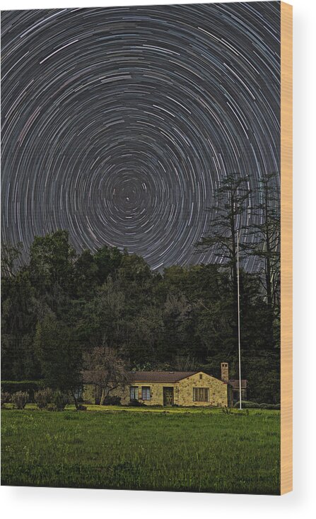 Star Trails Wood Print featuring the photograph Star Trails Over Stone House by Lindsay Thomson