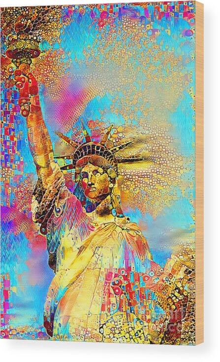 Wingsdomain Wood Print featuring the photograph Statue of Liberty in a Gustav Klimt World 20210701 v2 by Wingsdomain Art and Photography