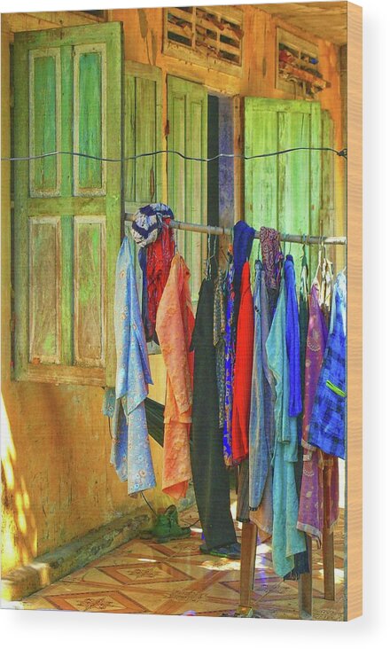 Clothes Wood Print featuring the photograph Window doors with hanging clothes, Vietnam by Robert Bociaga