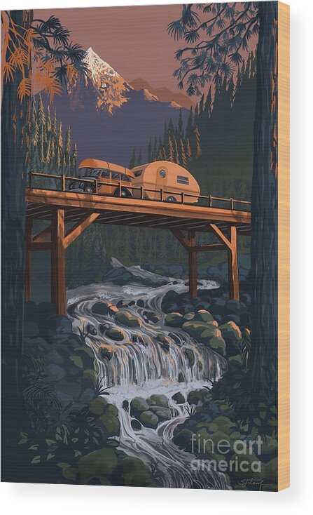 Retro Camping Wood Print featuring the painting Sunset Camper by Sassan Filsoof