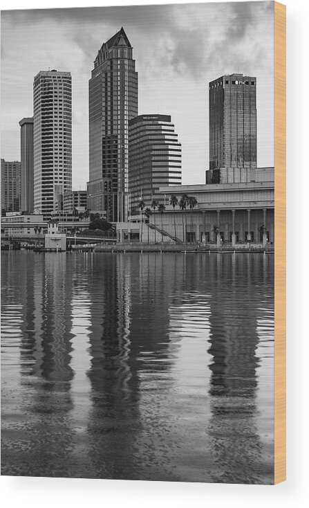 Tampa Bay Skyline Wood Print featuring the photograph Tampa Bay Skyline Reflections and Cityscape - Black and White by Gregory Ballos