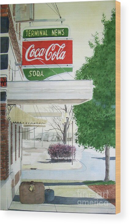 A Coca Cola Sign Hangs Outside The Bus Station In Coffeyville Wood Print featuring the painting Terminal News by Monte Toon