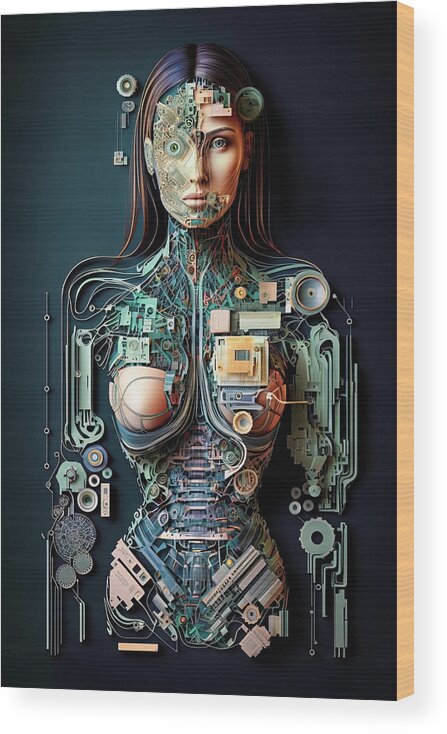 Cyborg Wood Print featuring the digital art The Future of AI 02 Robot Woman by Matthias Hauser