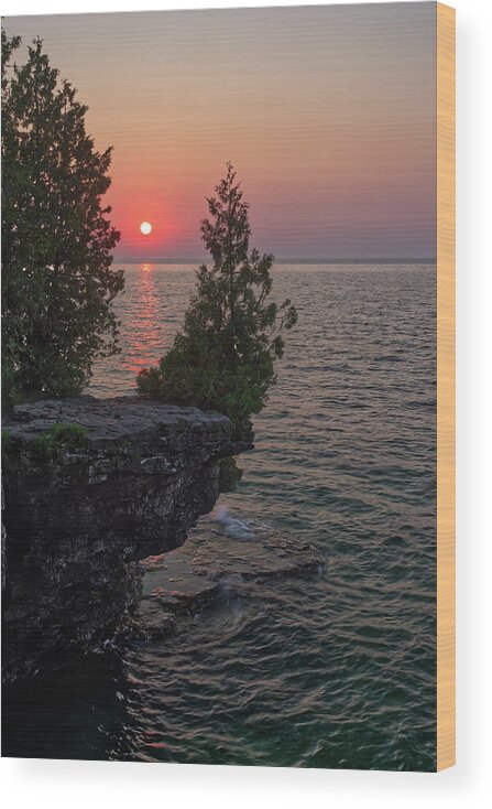 Cave Point Wood Print featuring the photograph The Sentinel Cedar - the iconic cedar watching over Lake Michigan at Cave Point 2 - Door County WI by Peter Herman