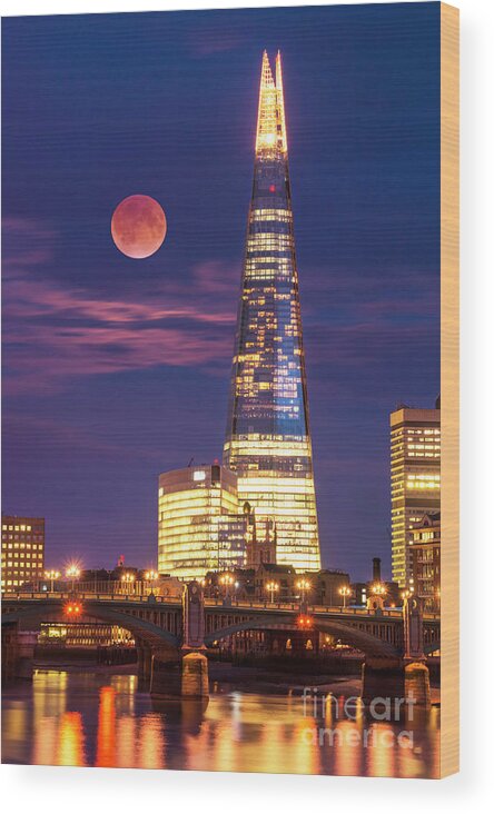 London Wood Print featuring the photograph The Shard and red moon, London by Neale And Judith Clark