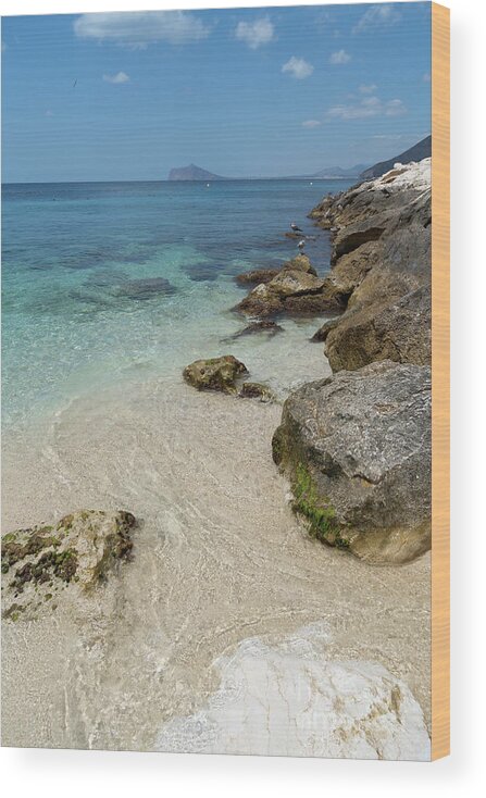 Mediterranean Wood Print featuring the photograph Turquoise blue sea water and rocks in Calpe 1 by Adriana Mueller