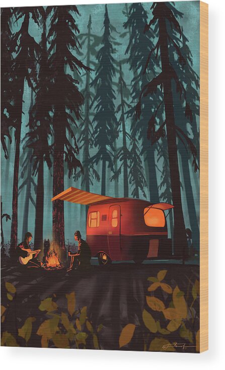 Camper In The Woods Wood Print featuring the painting Twilight Camping by Sassan Filsoof