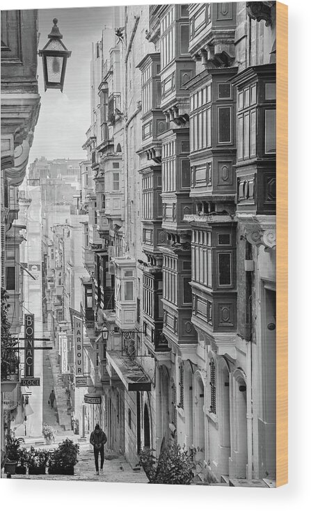 Valletta Wood Print featuring the photograph Valletta Street lined with Window Boxes, Malta - Black and White by Barry O Carroll