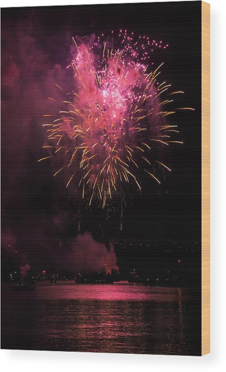 Fireworks Wood Print featuring the relief Vancouver Fireworks Competition by Ginger Stein