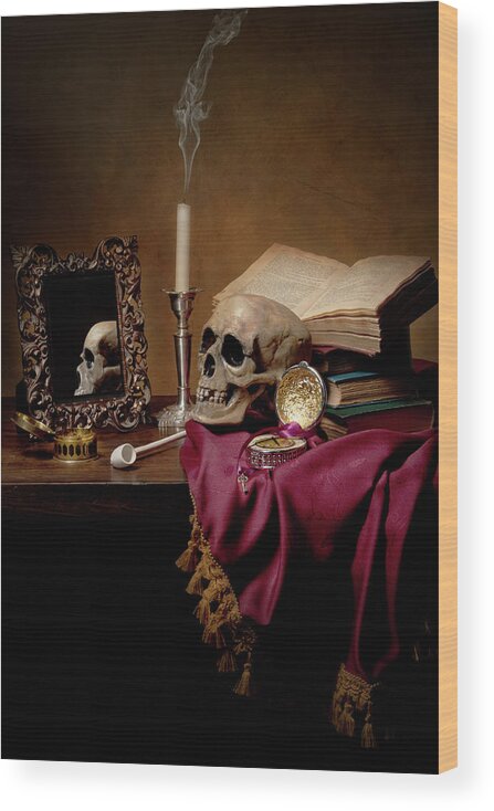 Vanitas Wood Print featuring the photograph Vanitas - Skull-Mirror-Books and Candlestick by Levin Rodriguez