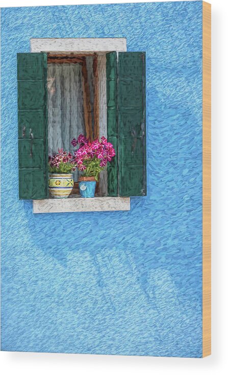 Venice Wood Print featuring the photograph Venice Window against a Blue Plaster Wall by David Letts