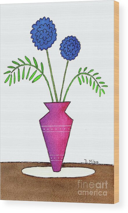 Mid Century Modern Flowers Wood Print featuring the painting Whimsical Blue Flowers in Pinkish Purple Vase by Donna Mibus