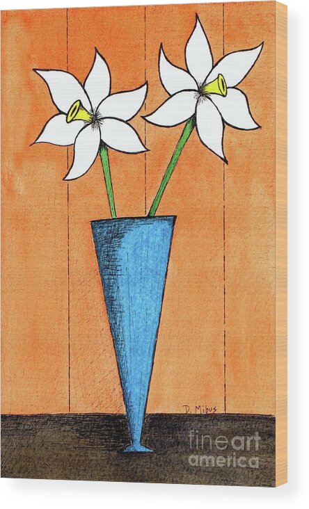 Mid Century Flowers Wood Print featuring the painting Whimsical White Flowers in Blue Vase by Donna Mibus