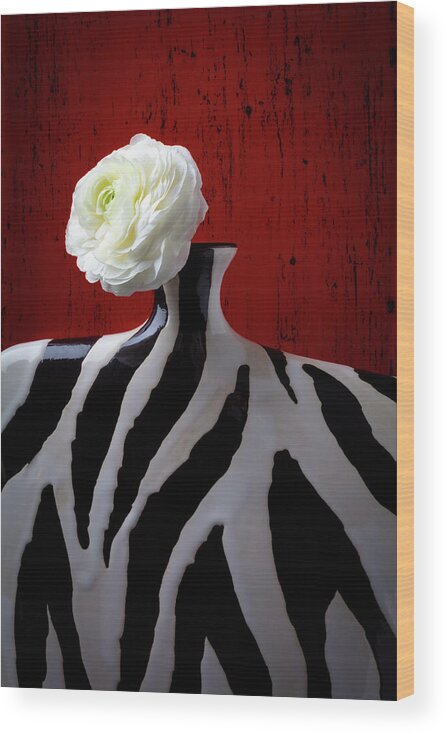  Wood Print featuring the photograph White Ranunculus In Vase Against Red wall by Garry Gay