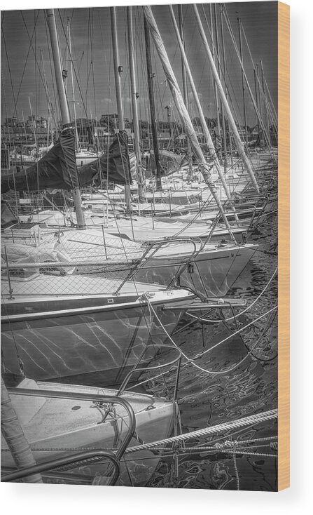 Boats Wood Print featuring the photograph White Sailboats in the Harbor in Black and White by Debra and Dave Vanderlaan