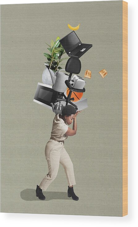 Working Wood Print featuring the photograph Woman Carrying Stack Of Household Items by We Are
