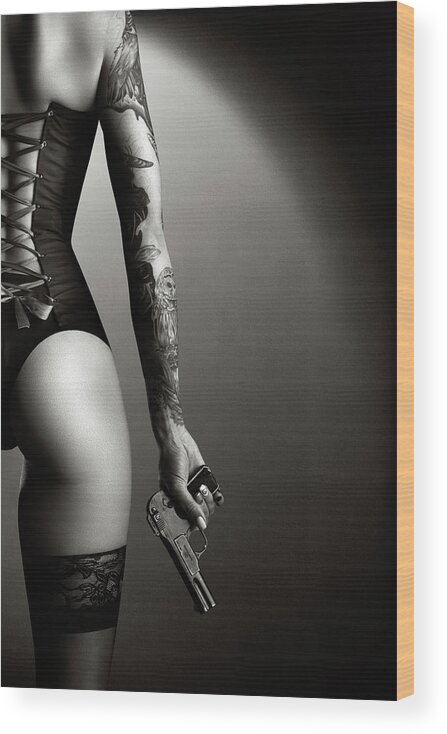 Woman Wood Print featuring the photograph Woman in lingerie with handgun by Johan Swanepoel