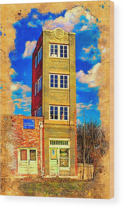 World's Littlest Skyscraper Wood Print featuring the digital art World's littlest skyscraper, The Newby-McMahon Building, in Wichita Falls - digital painting by Nicko Prints
