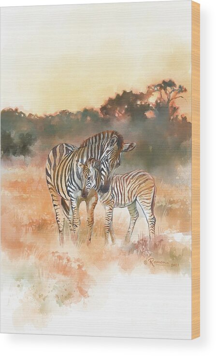Africa Wood Print featuring the digital art Zebra Mare and Foal by Ramona Kurten