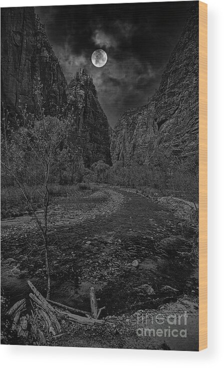 Zion National Park Wood Print featuring the photograph Zion National Park Moon Glow Black White Utah USA by Chuck Kuhn