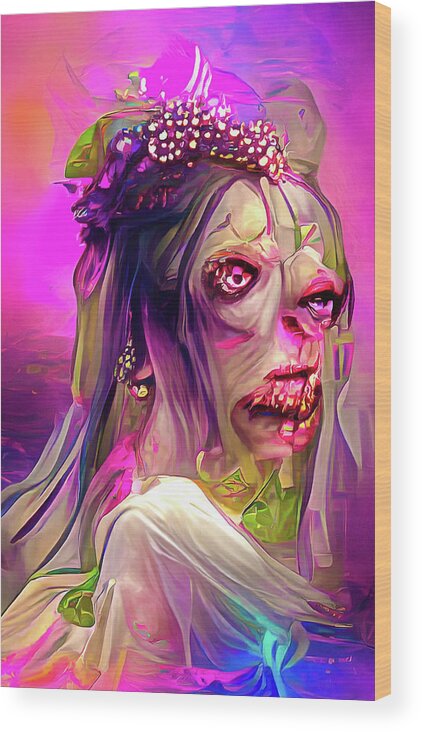 Zombie Wood Print featuring the digital art Zombie Bride 01 Colorful and Trippy by Matthias Hauser