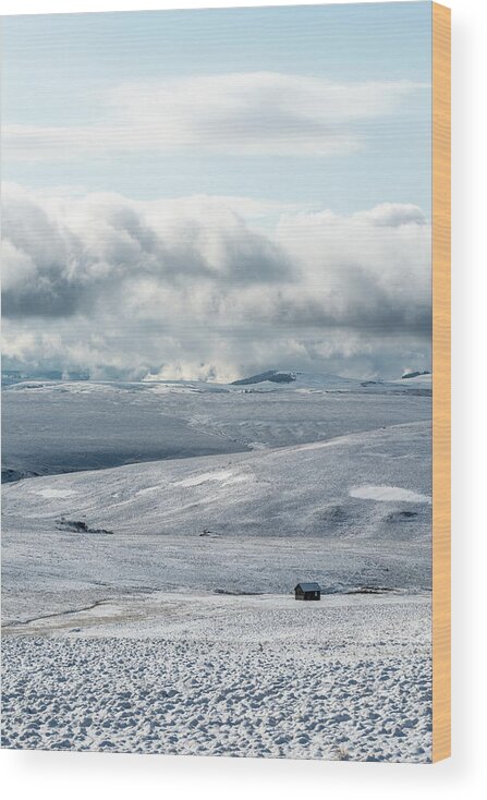 Outdoor; Zumwalt; Spring; Snow Storm; Barn; Joseph; Oregon; Zumwalt Prairie Wood Print featuring the digital art Zumwalt Prairie under Snow by Michael Lee