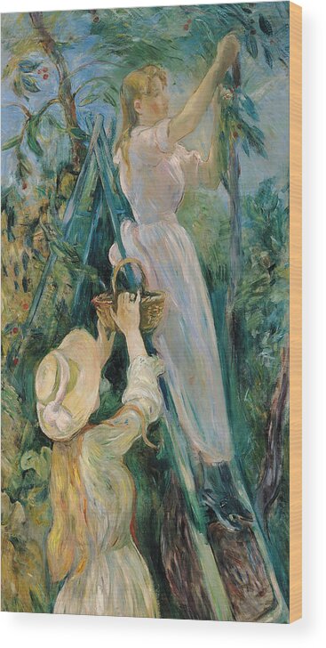 Impressionist; Ladder; Basket; Picking; Cherries; Fruit Tree; Girl; Female; Hat; Friend Wood Print featuring the painting The Cherry Picker by Berthe Morisot