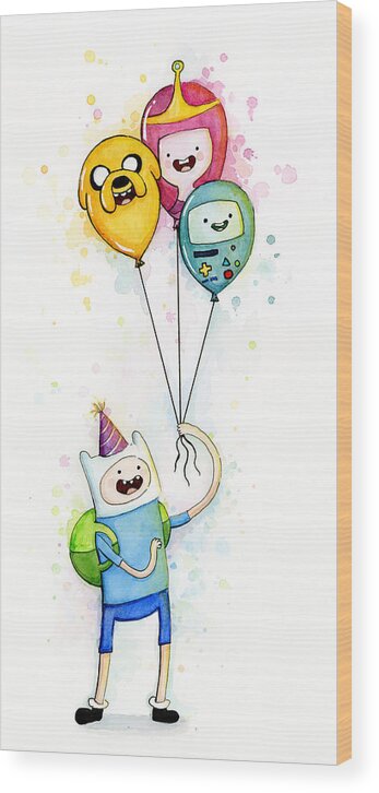 Jake Wood Print featuring the painting Adventure Time Finn with Birthday Balloons Jake Princess Bubblegum BMO by Olga Shvartsur
