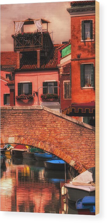 Bridge And Water Reflections Fine Art Image Wood Print featuring the photograph Bridge in Burano Italy by Bob Coates