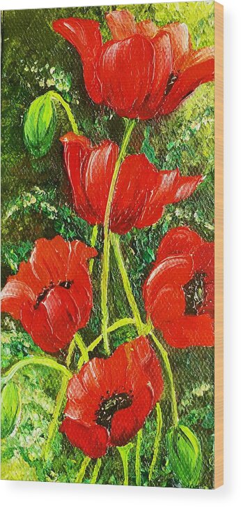 Red Poppy Wood Print featuring the painting English Poppies by Karin Dawn Kelshall- Best