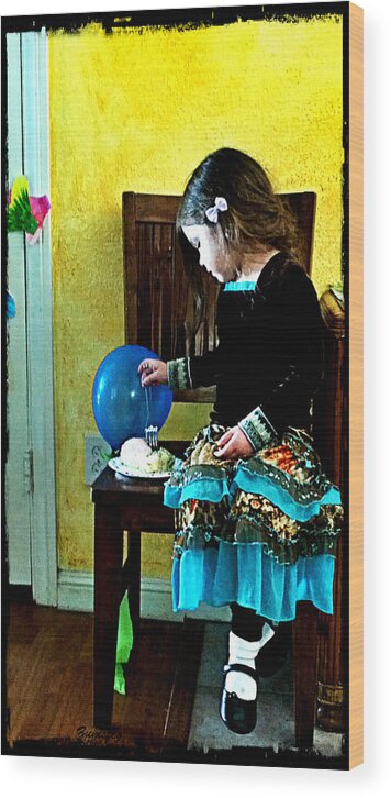 Little Girl At Birthday Party Eating Cake Wood Print featuring the photograph Little Girl At Party by David Zumsteg