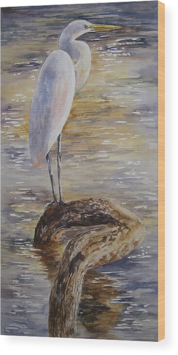 Egret Wood Print featuring the painting Morning Perch-Egret by Mary McCullah