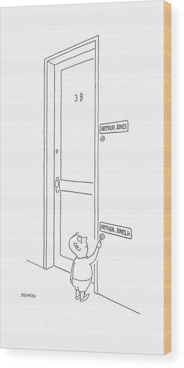 112494 Sst Saul Steinberg Little Boy Ringing A Doorbell. The Door Has Two. One Is At Adult Height For Arthur Jones Wood Print featuring the drawing New Yorker February 27th, 1943 by Saul Steinberg