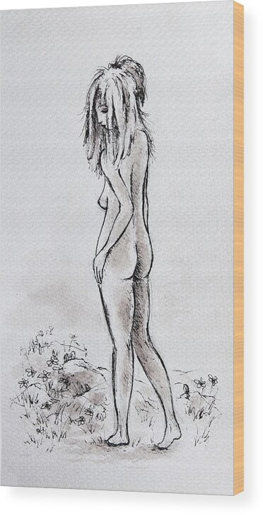 Woman Wood Print featuring the drawing Walking The Flowers by William Russell Nowicki