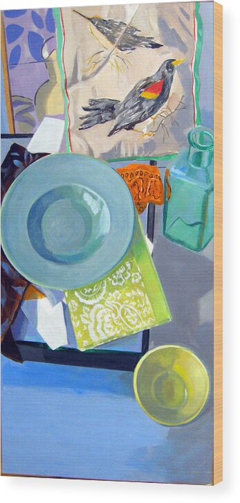 Still-life Modern Colorful Light Bird Image Turquoise Predominant Wood Print featuring the painting Birds and Bowls by Maralyn Adlin
