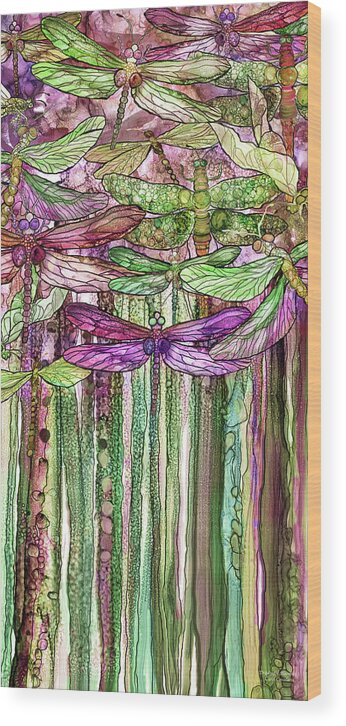 Carol Cavalaris Wood Print featuring the mixed media Dragonfly Bloomies 2 - Pink by Carol Cavalaris