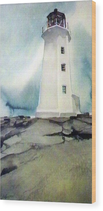 Outdoors Ocean Travel Holidays Light Sky  Wood Print featuring the painting Lighthouse Rock by Ed Heaton