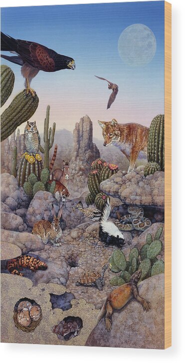 Desert Scene With Falcon And Cactus Wood Print featuring the painting 407 Desert by Tim Knepp