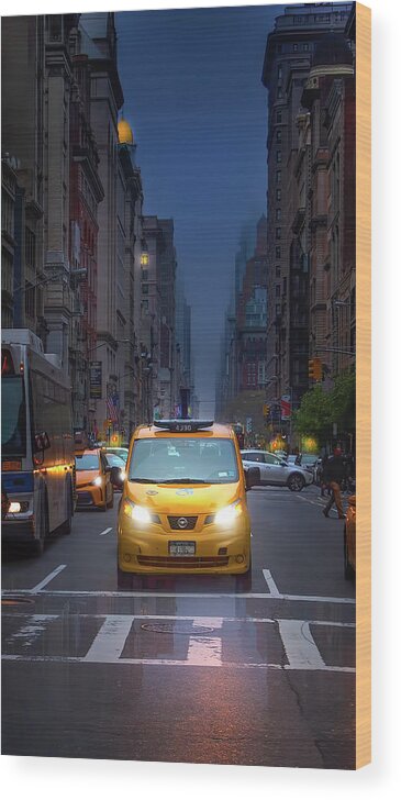 New York Wood Print featuring the photograph Manhattan Taxi on a Rainy Day by Mark Andrew Thomas