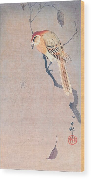 Buffalo Wood Print featuring the painting Buffalo wing shrike and spider by Ohara Koson by Mango Art
