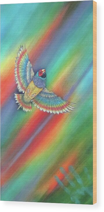Rainbow Wood Print featuring the painting Flight from One World to Another by Pamela Kirkham