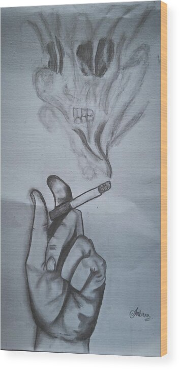 Pencil Drawing Hand Smoking Wood Print featuring the drawing Smoking kills by Antara Ghosh