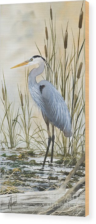 Heron Limited Edition Prints Wood Print featuring the painting Heron and Cattails by James Williamson