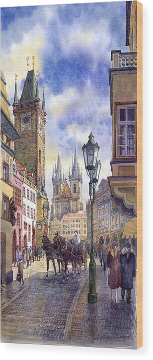 Watercolour Wood Print featuring the painting Prague Old Town Square 01 by Yuriy Shevchuk