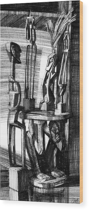 Igor Sakurov Wood Print featuring the drawing African Statues by Igor Sakurov