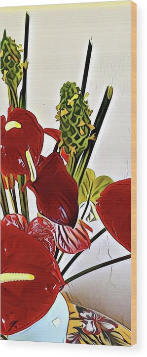 #aliohabouquetoftheday #anthuriums #apportion #greenginger #darkred Wood Print featuring the photograph Aloha Bouquet of the Day - Anthuriums in Darkl Red with Green Ginger - a Portion by Joalene Young