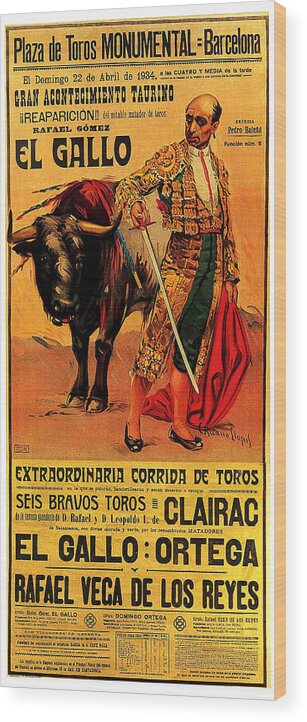 Barcelona Wood Print featuring the painting Barcelona, Catalonia, Bullfighter, vintage travel poster by Long Shot