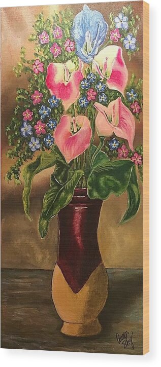 Flower Wood Print featuring the painting Calla Lilies and Forget Me Nots by Queen Gardner