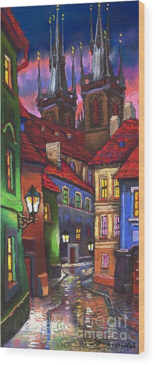 Pastel Wood Print featuring the painting Prague Old Street 01 by Yuriy Shevchuk